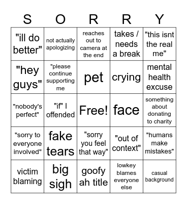youtuber apology Bingo Card