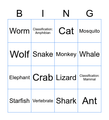Animal Classification Bingo Card