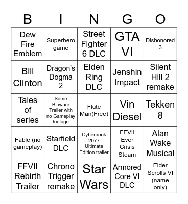 TGA 2023 Bingo Card