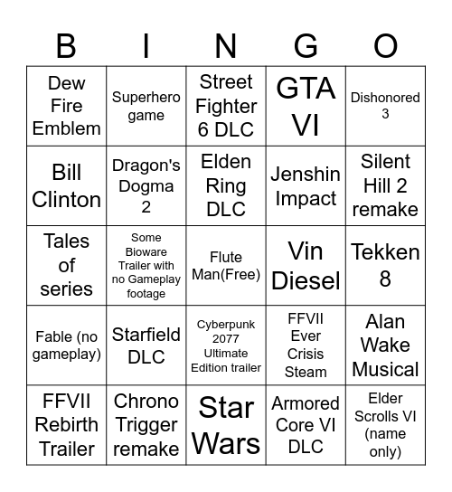 TGA 2023 Bingo Card