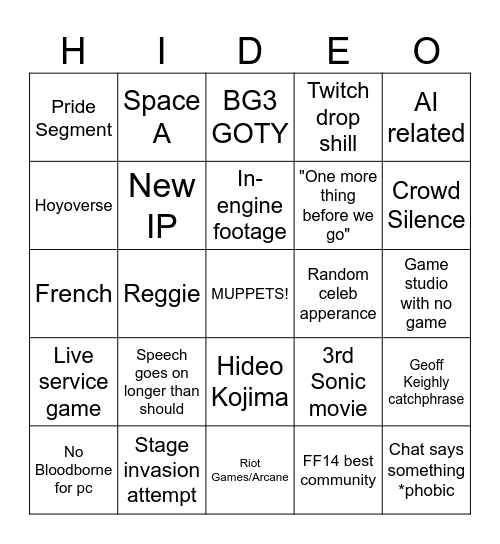 Game Awards 2023 Bingo Card