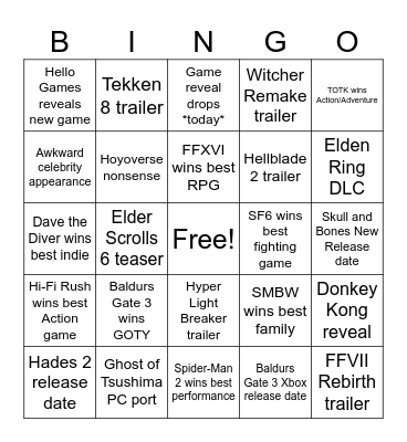 The Game Awards 2023 Bingo Card