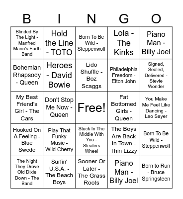 Music Bingo 60s and 70s Bingo Card