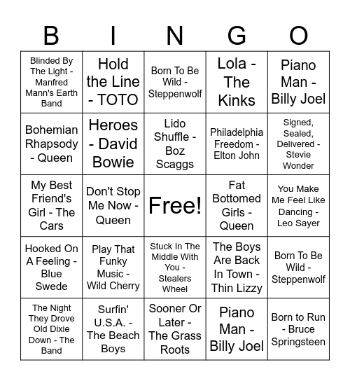 Music Bingo 60s and 70s Bingo Card