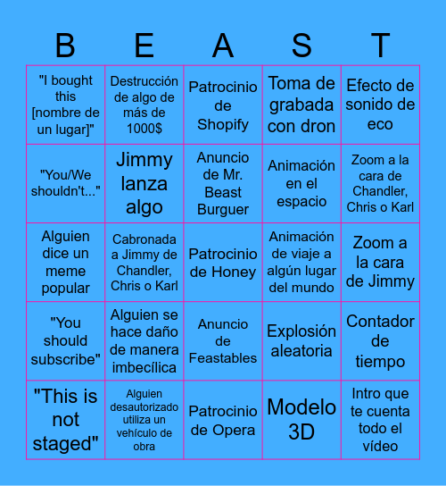 Bingo de Mr. Beast Bingo Card