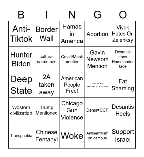 GOP Debate Bingo Card