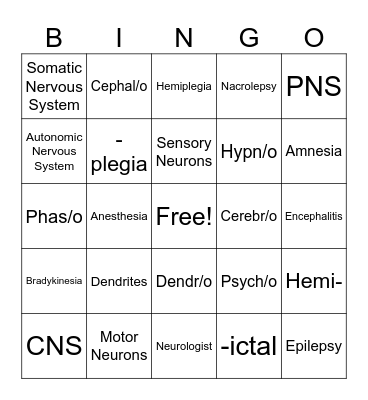 Nervous System Bingo Card