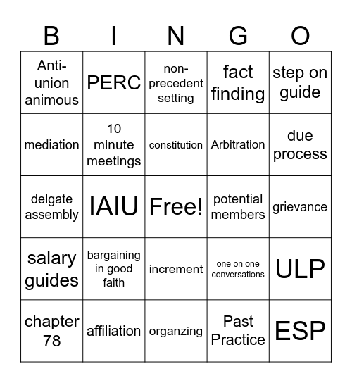 Union Lingo Bingo Card