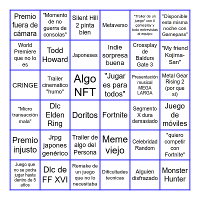 Bingo de los Game Awards Bingo Card