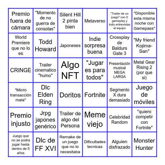 Bingo de los Game Awards Bingo Card