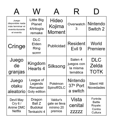 The Game Awards Bingo Card