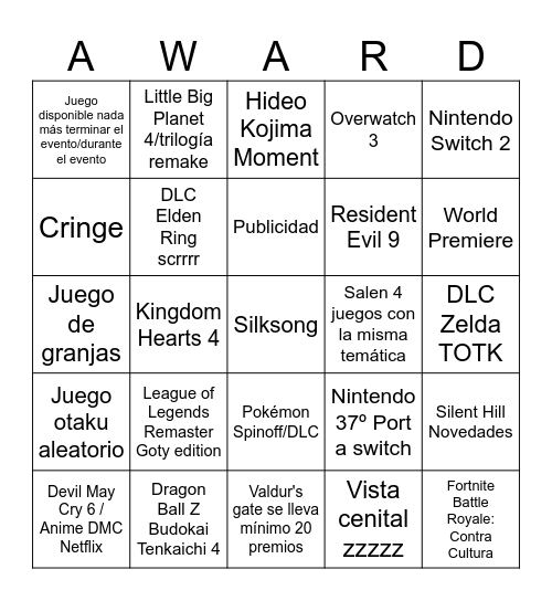 The Game Awards Bingo Card