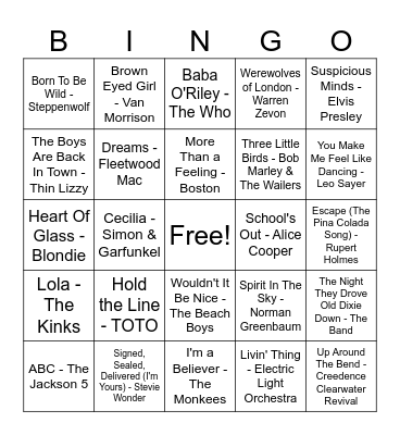 60s & 70s Bingo Card