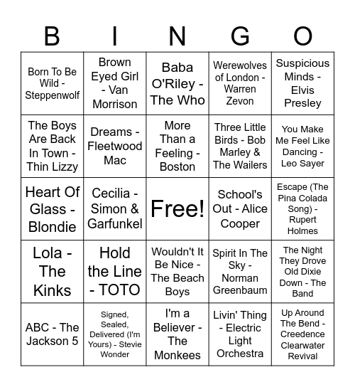 60s & 70s Bingo Card