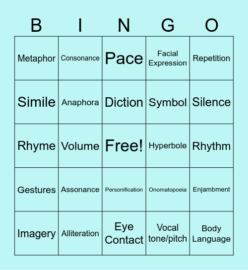 Free Verse / Slam Poetry BINGO Card