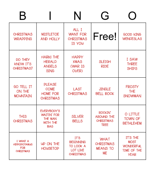 CHRISTMAS CAROLS AND SONGS Bingo Card