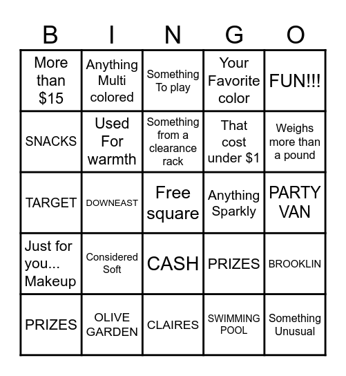 SHOPPING BINGO Card