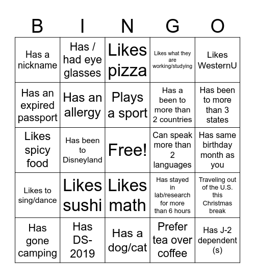 J-1 Scholars BINGO Card