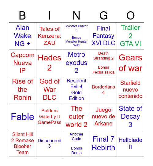 The Game Awards Bingo Card