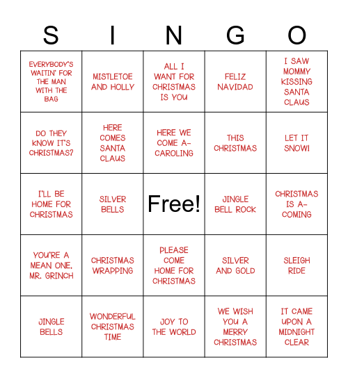 Christmas Songs Bingo Card