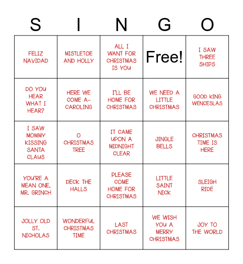 Christmas Songs Bingo Card