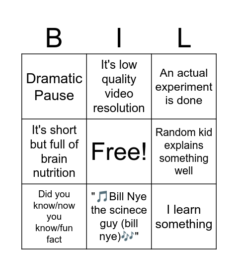 Bill Nye Bing Bingo Card