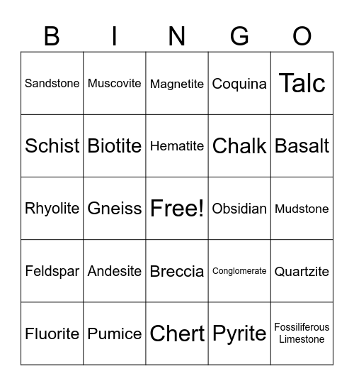 Mineral and Rock Identification Bingo Card