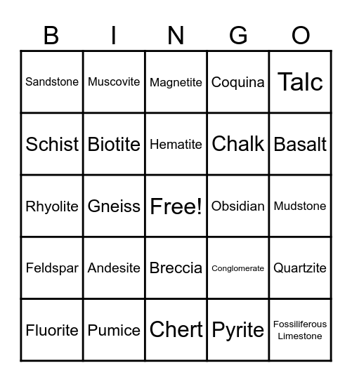 Mineral and Rock Identification Bingo Card