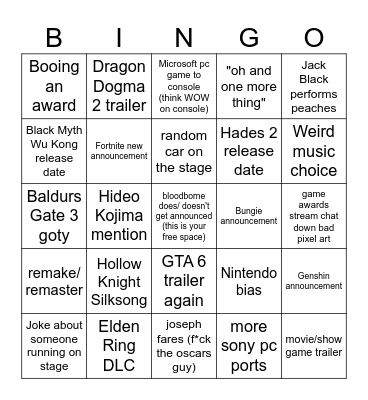Game awards 2023 Bingo Card
