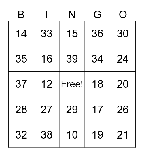 Numbers 10 40 Bingo Card Numbers 10 40 bingo card