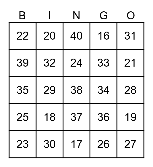 Numbers to 40 Bingo Card