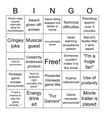 The Game Awards 2023 Bingo Card