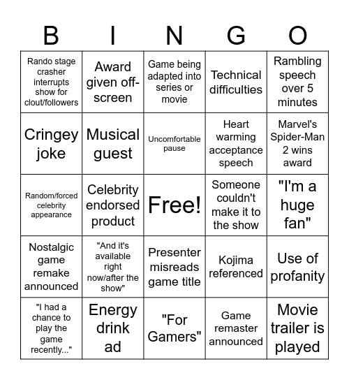 The Game Awards 2023 Bingo Card