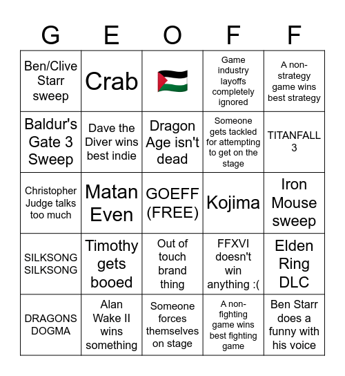 GOEFF AWARDS Bingo Card