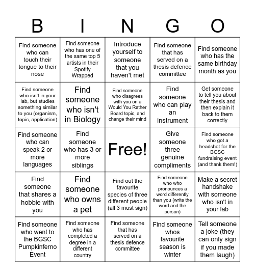 BGSC Holiday Party Social Bingo Get someone to sign the box that applies to them until you have three bingo lines! You can’t use the same person twice. When you have completed, bring this to Shay or Jihyun and one person who finishes will be randomly s Bingo Card