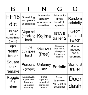 Game Awards 2023 Bingo Card