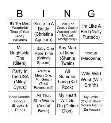 90's & 2000's Hits Bingo Card