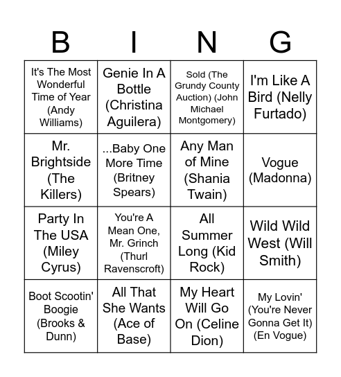 90's & 2000's Hits Bingo Card