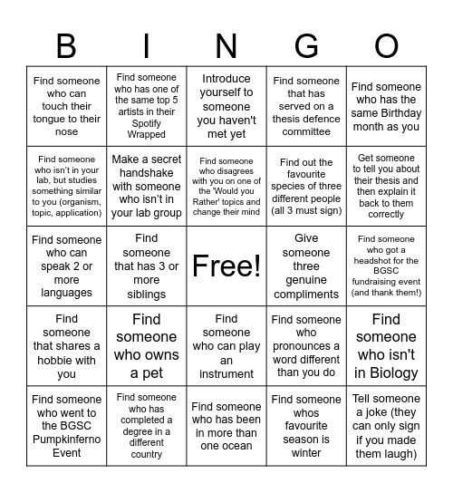 BGSC Holiday Party Social Bingo Get someone to sign the box that applies to them until you have three bingo lines! You can’t use the same person twice. When you have completed, bring this to Shay or Jihyun and one person who finishes will be randomly s Bingo Card