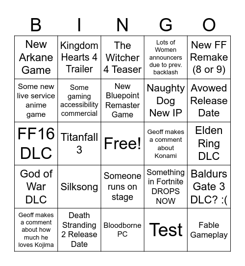 Game Award Bingo Card