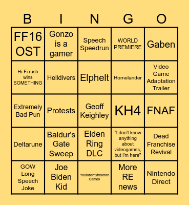 Game Awards Bingo Card