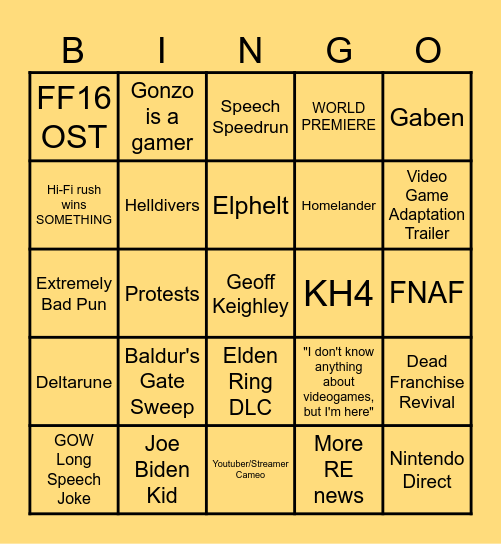 Game Awards Bingo Card