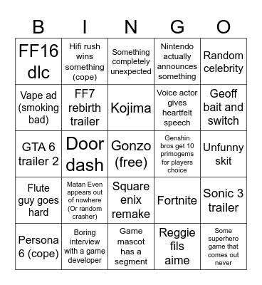 Game Awards 2023 Bingo Card