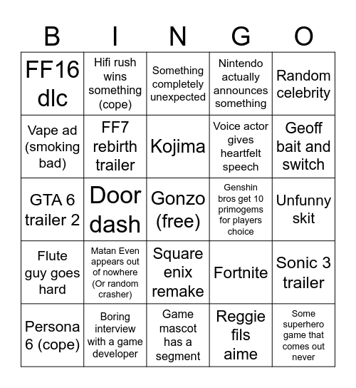 Game Awards 2023 Bingo Card