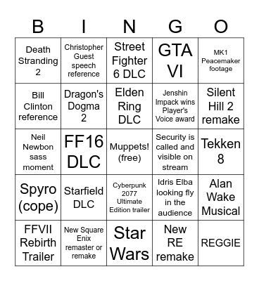TGA 2023 Bingo Card