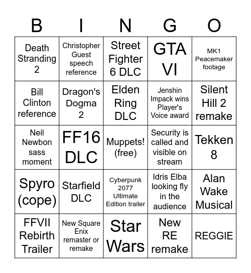 TGA 2023 Bingo Card