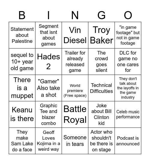 Game awards 2023 Bingo Card