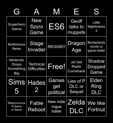 Game Awards 2023 Bingo Card