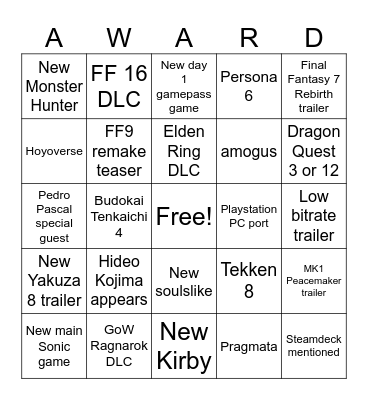 Game Awards Bingo Card