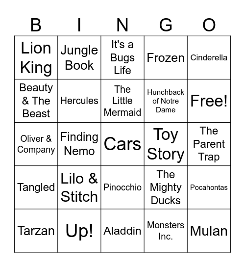 Disney Movies Bingo Card